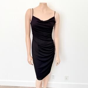 [Vintage] David Meister Y2K 90s Black Draped Cowl Neck Mini Slip Dress Size 2